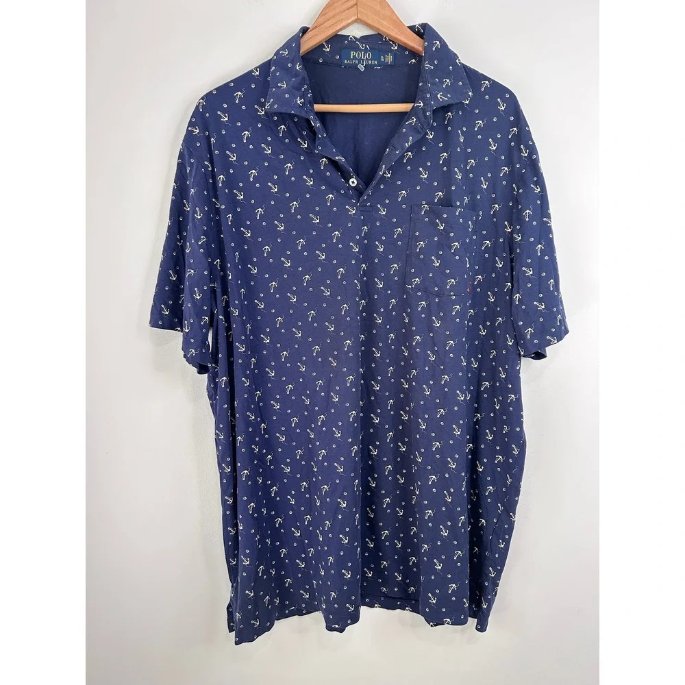 Polo Ralph Lauren Navy Blue Nautical Print Polo Shirt Mens XL Preppy Golf Cotton
